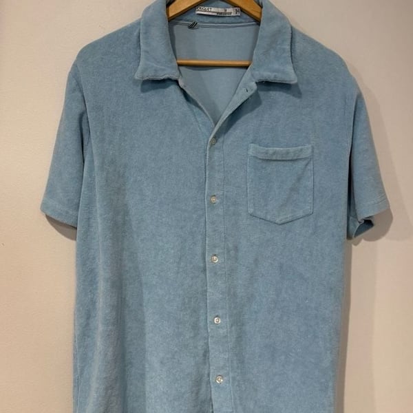 Criquet Terry Camp Shirt Size M Light Blue Button-Up Short Sleeve