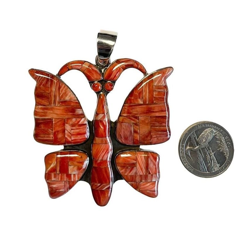 KS Southwestern Sterling Silver Red Spiny Oyster Butterfly Inlay Pendant  7