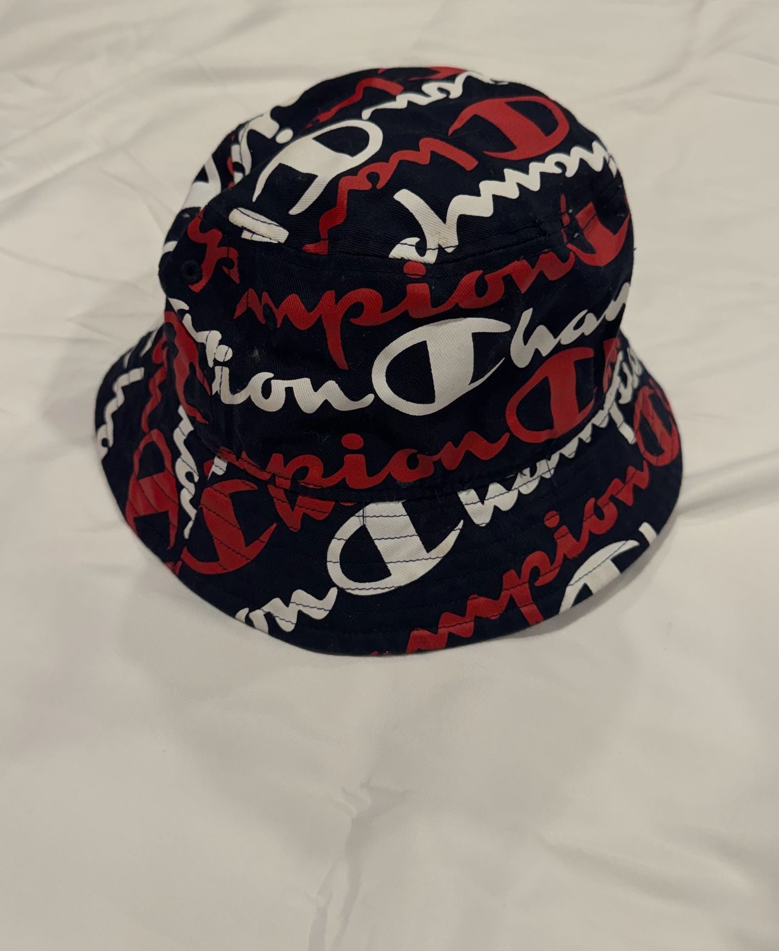 Champion Allover Script Print Bucket Hat Navy Red White 1