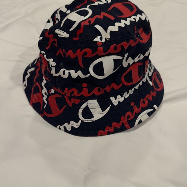 Champion Allover Script Print Bucket Hat Navy Red White