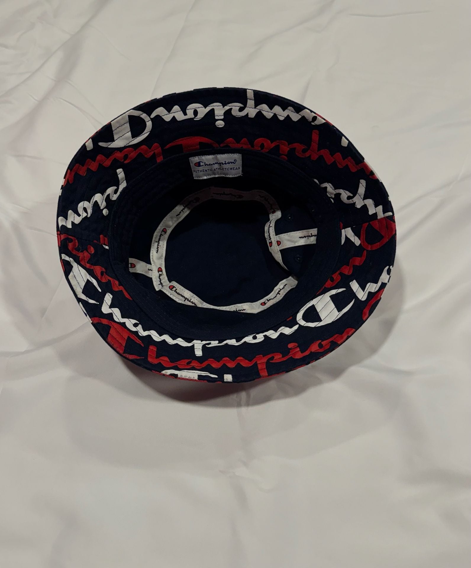 Champion Allover Script Print Bucket Hat Navy Red White 2