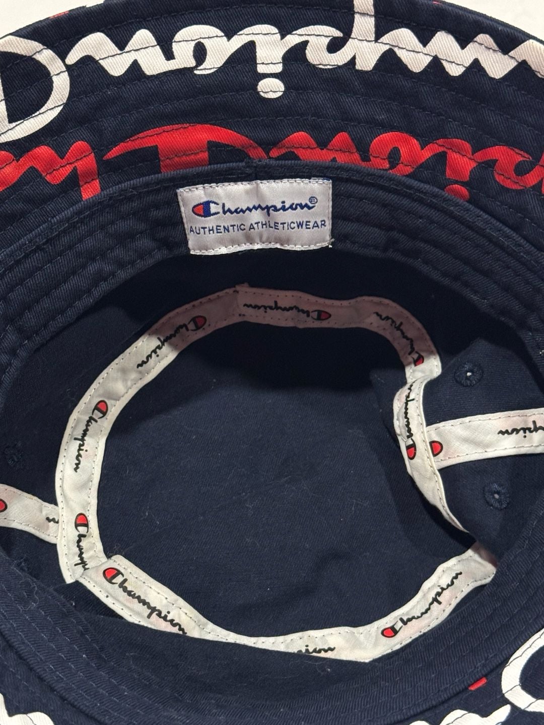 Champion Allover Script Print Bucket Hat Navy Red White 3