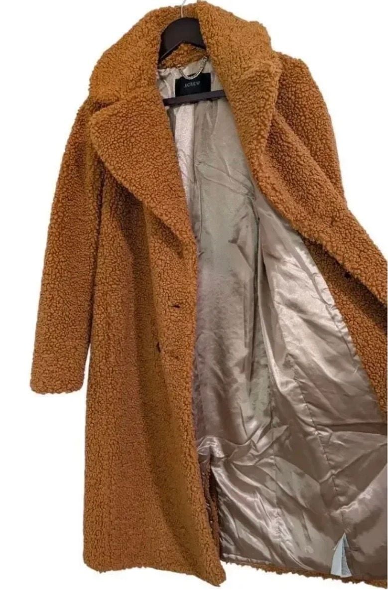 J.Crew Teddy Sherpa Long Coat Caramel Brown Double Breasted M 6