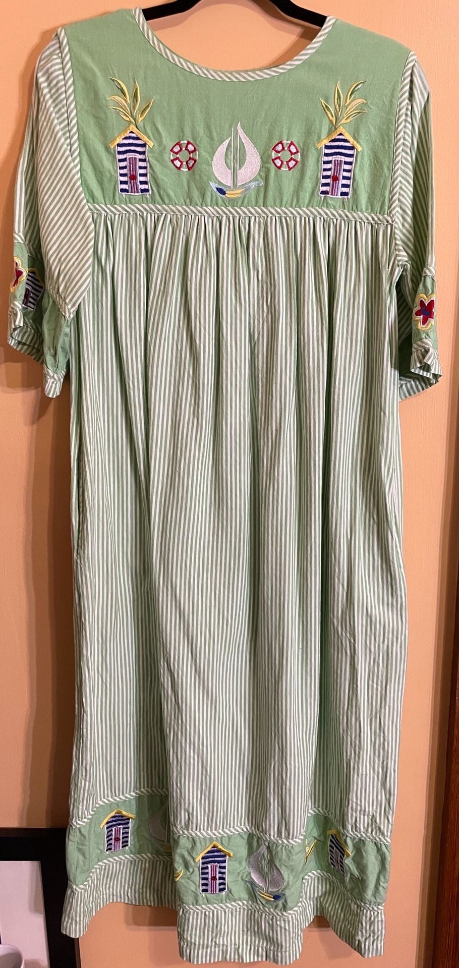 The Quacker Factory Green Striped Embroidered Patio Dress Size S 2
