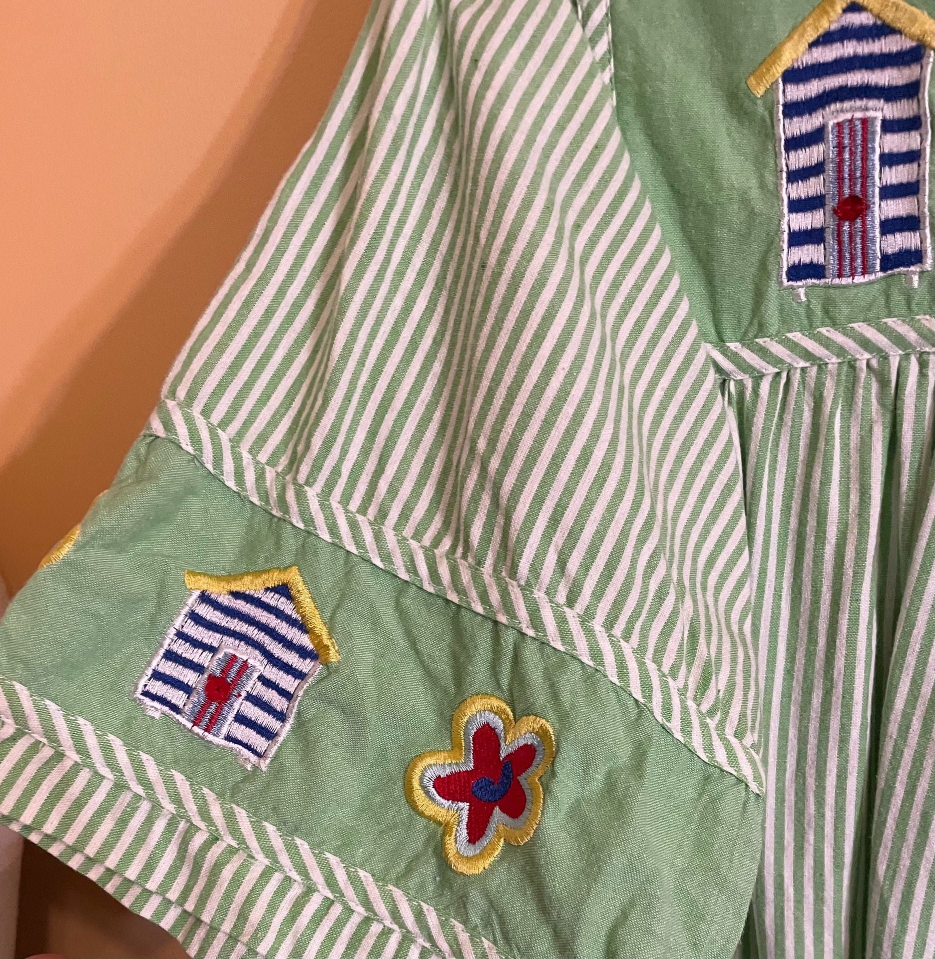 The Quacker Factory Green Striped Embroidered Patio Dress Size S 4