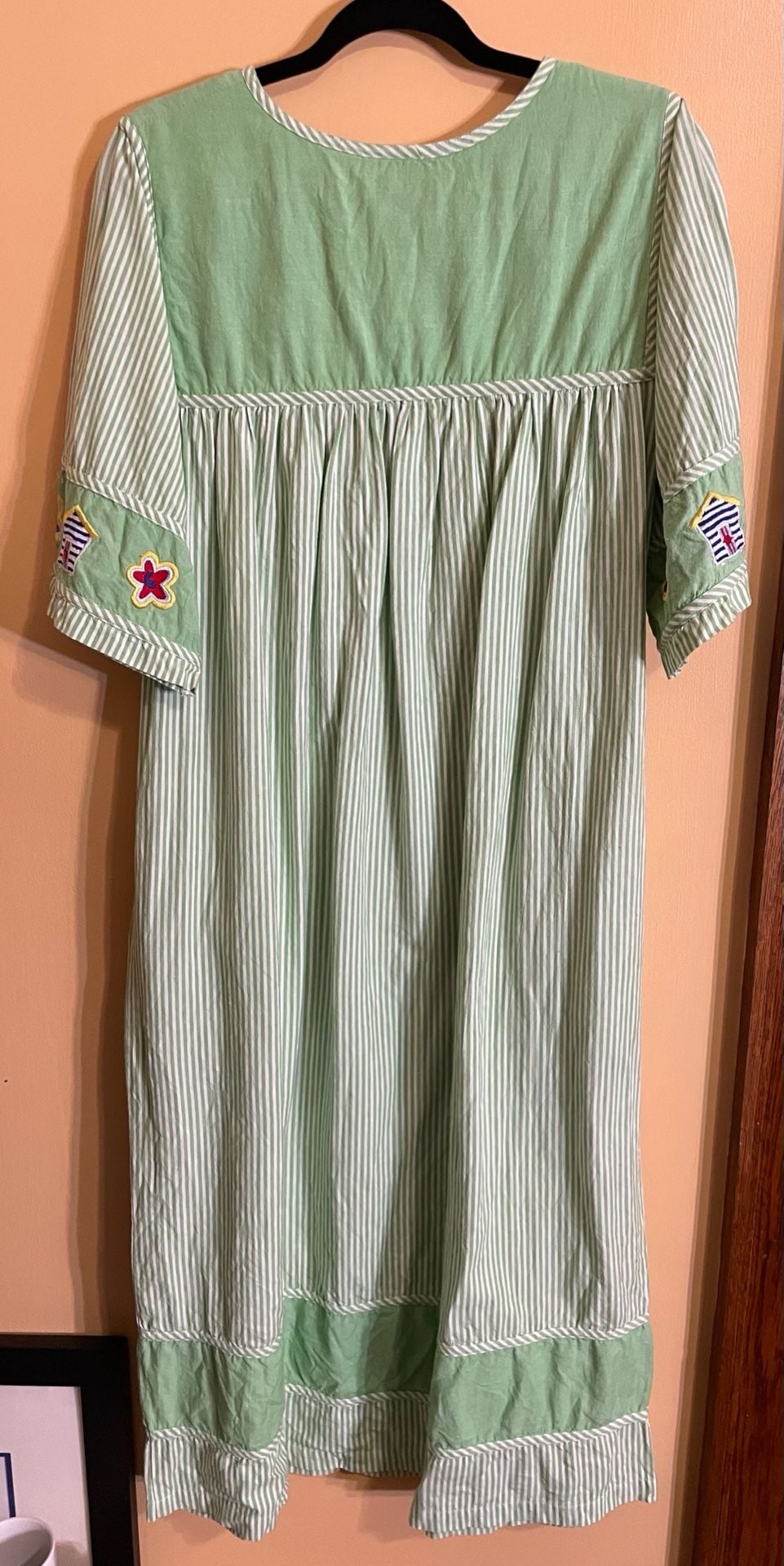 The Quacker Factory Green Striped Embroidered Patio Dress Size S 7