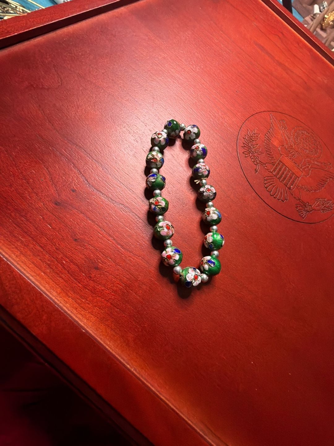 Vintage Green Cloisonne Enamel Beaded Bracelet with Silver Spacer Beads 2