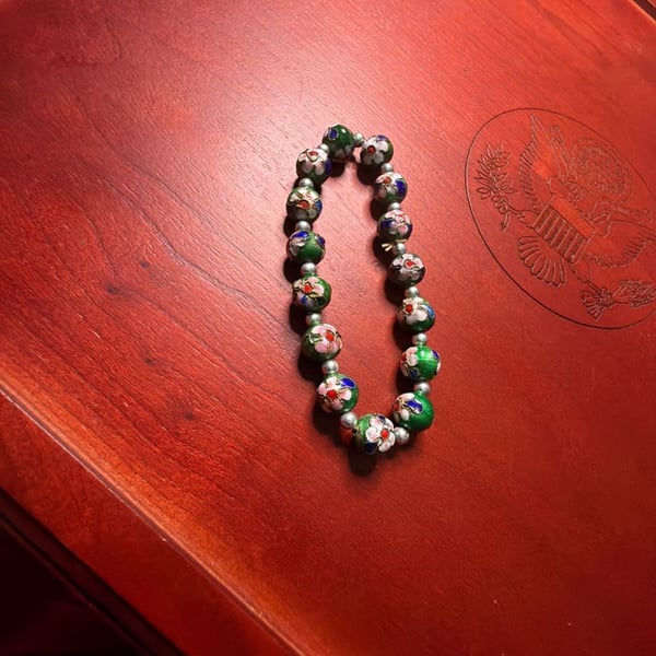Vintage Green Cloisonne Enamel Beaded Bracelet with Silver Spacer Beads