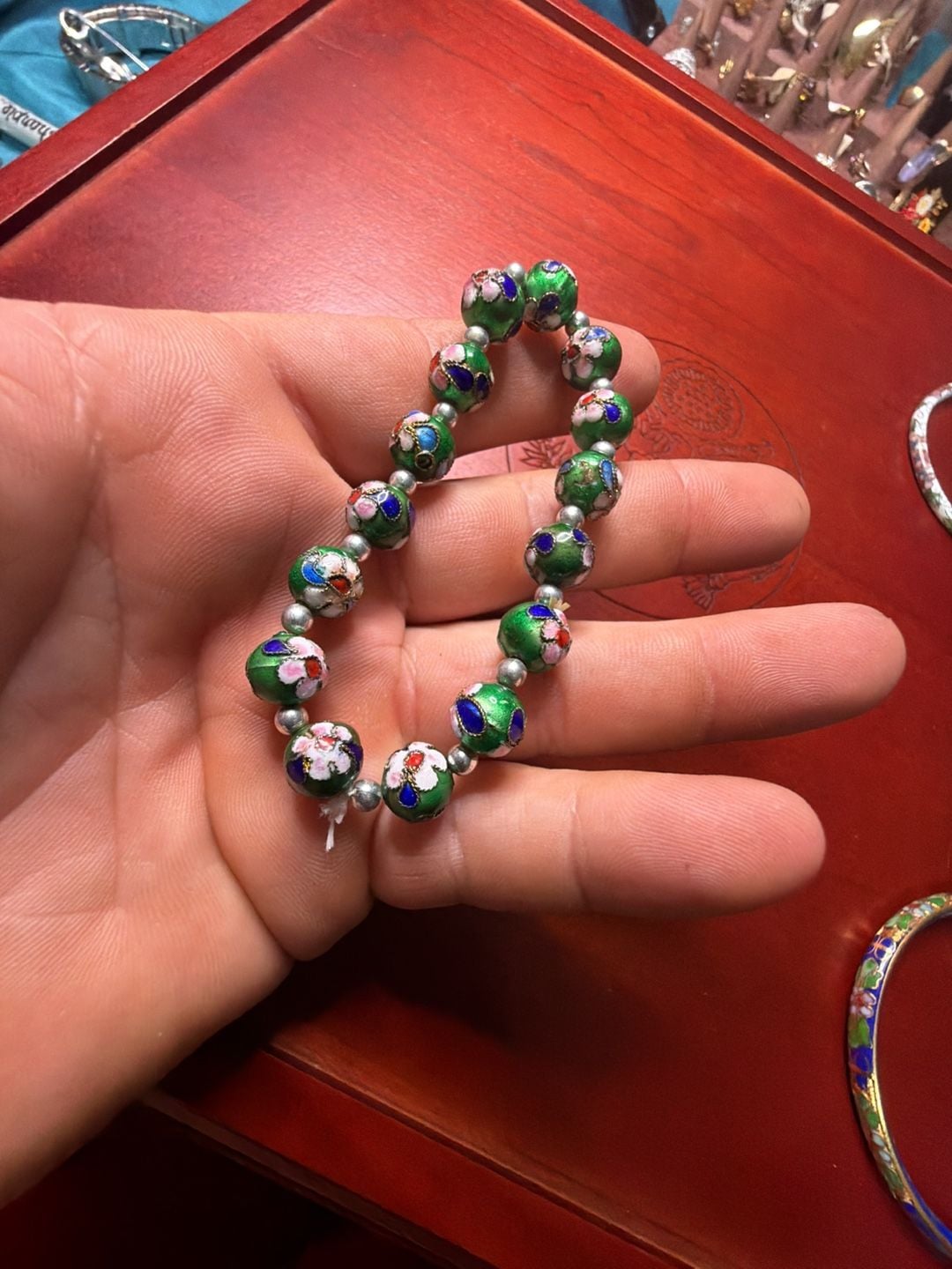 Vintage Green Cloisonne Enamel Beaded Bracelet with Silver Spacer Beads 3
