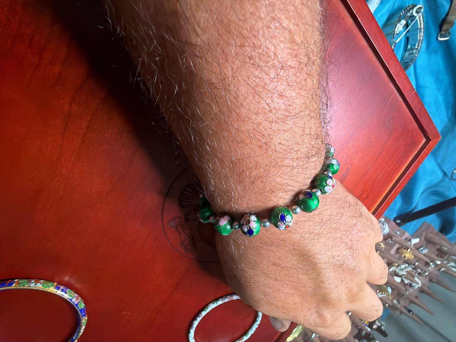 Vintage Green Cloisonne Enamel Beaded Bracelet with Silver Spacer Beads 4