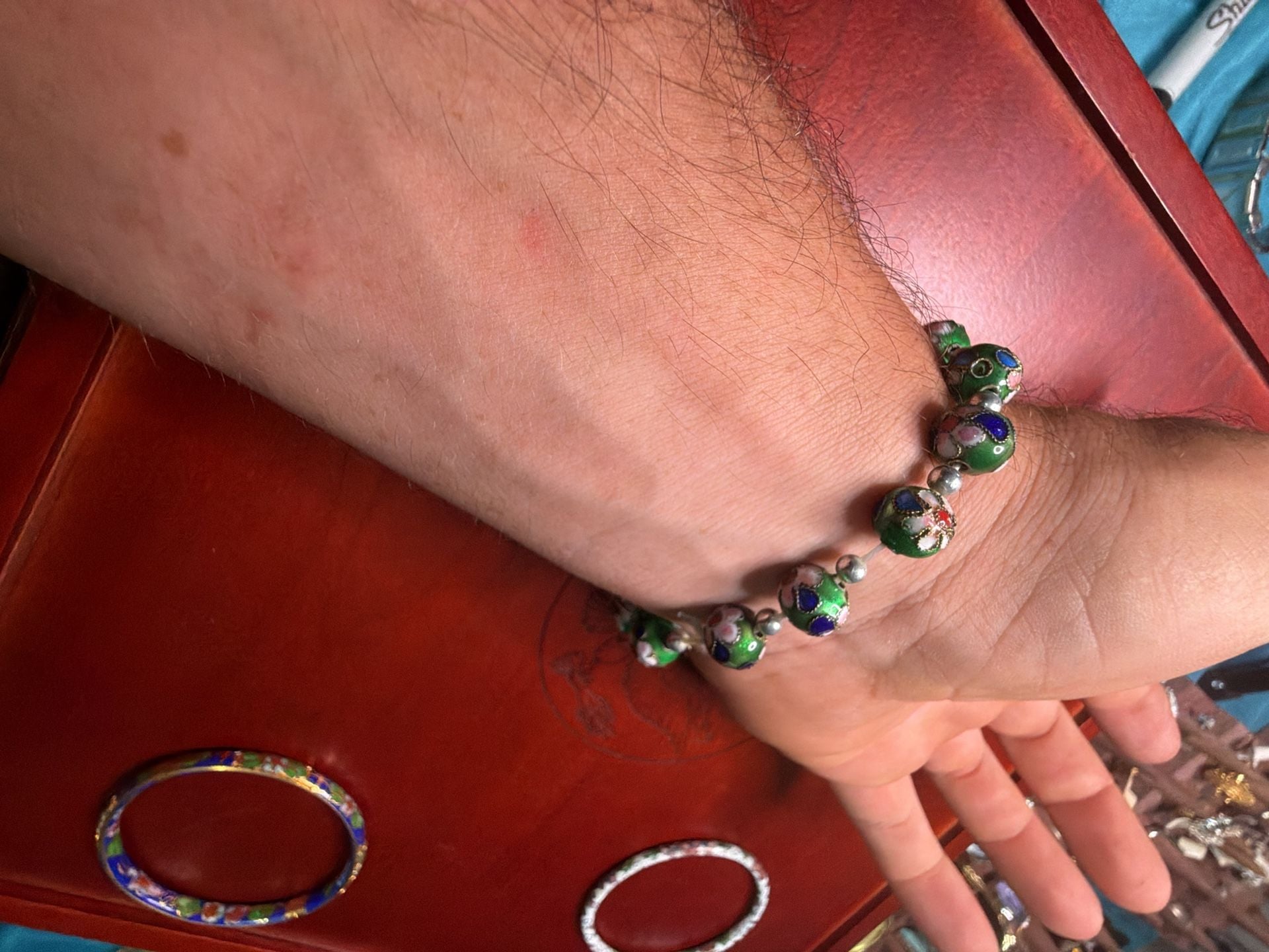 Vintage Green Cloisonne Enamel Beaded Bracelet with Silver Spacer Beads 5