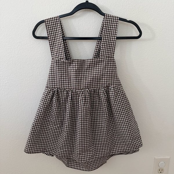 Gingham Babydoll Tank Top Size S Brown White Plaid Bowtie Backless Peplum Cami