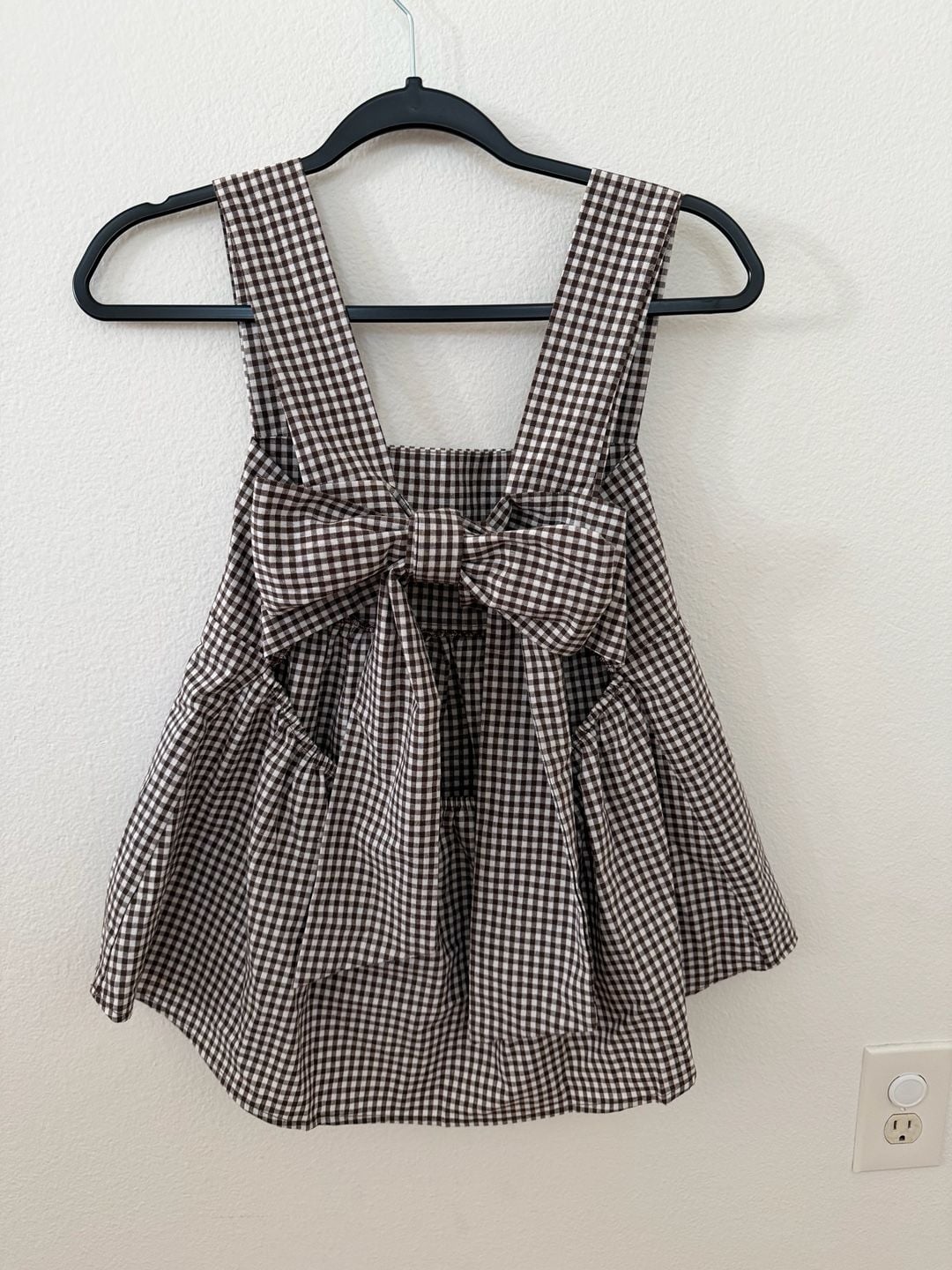 Gingham Babydoll Tank Top Size S Brown White Plaid Bowtie Backless Peplum Cami 3