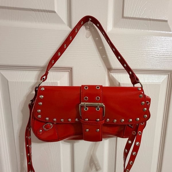 Red Patent Y2k Studd Hobo Shoulder Bag