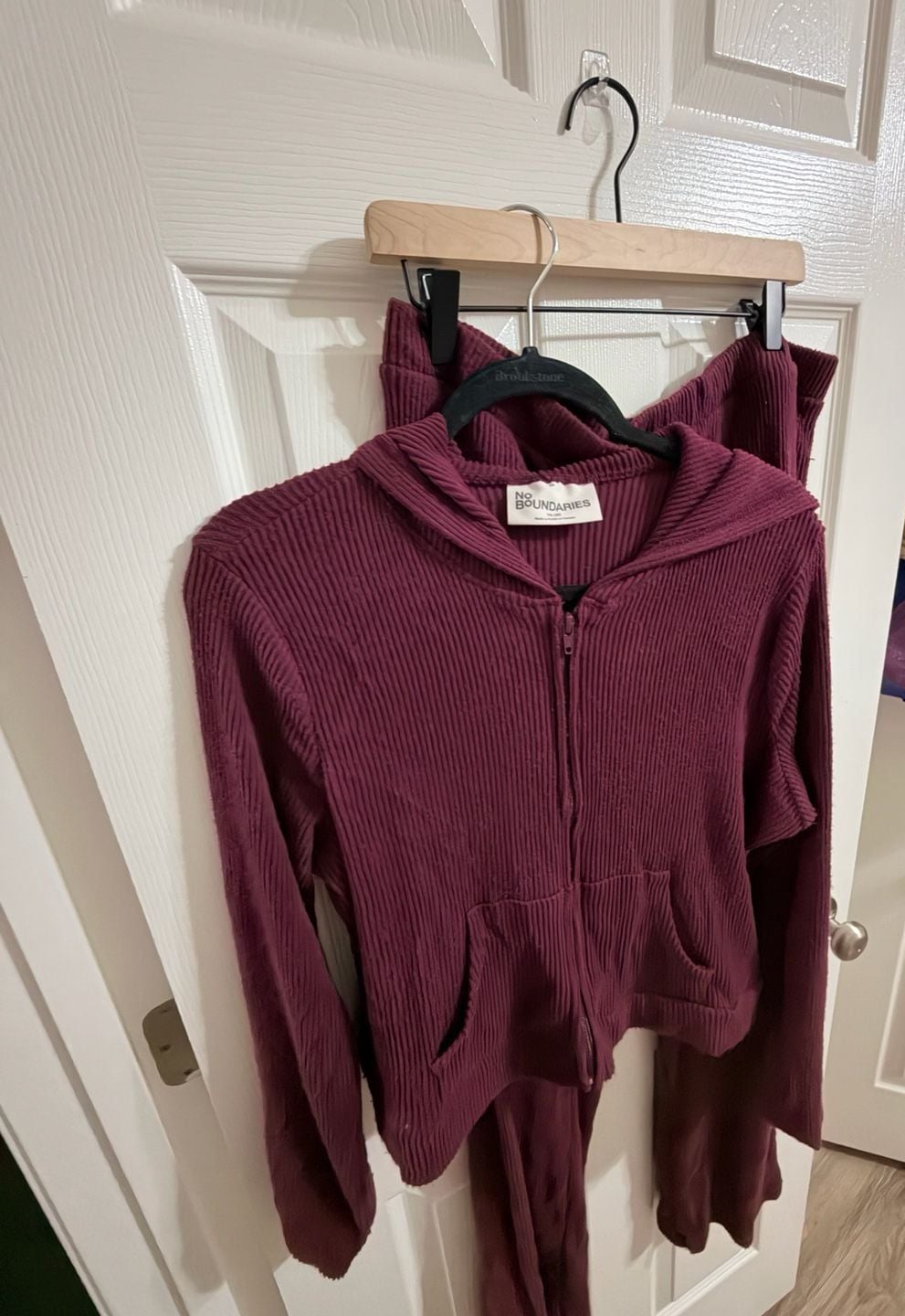No Boundaries Ribbed Zip Hoodie Set Size XXL Burgundy 3