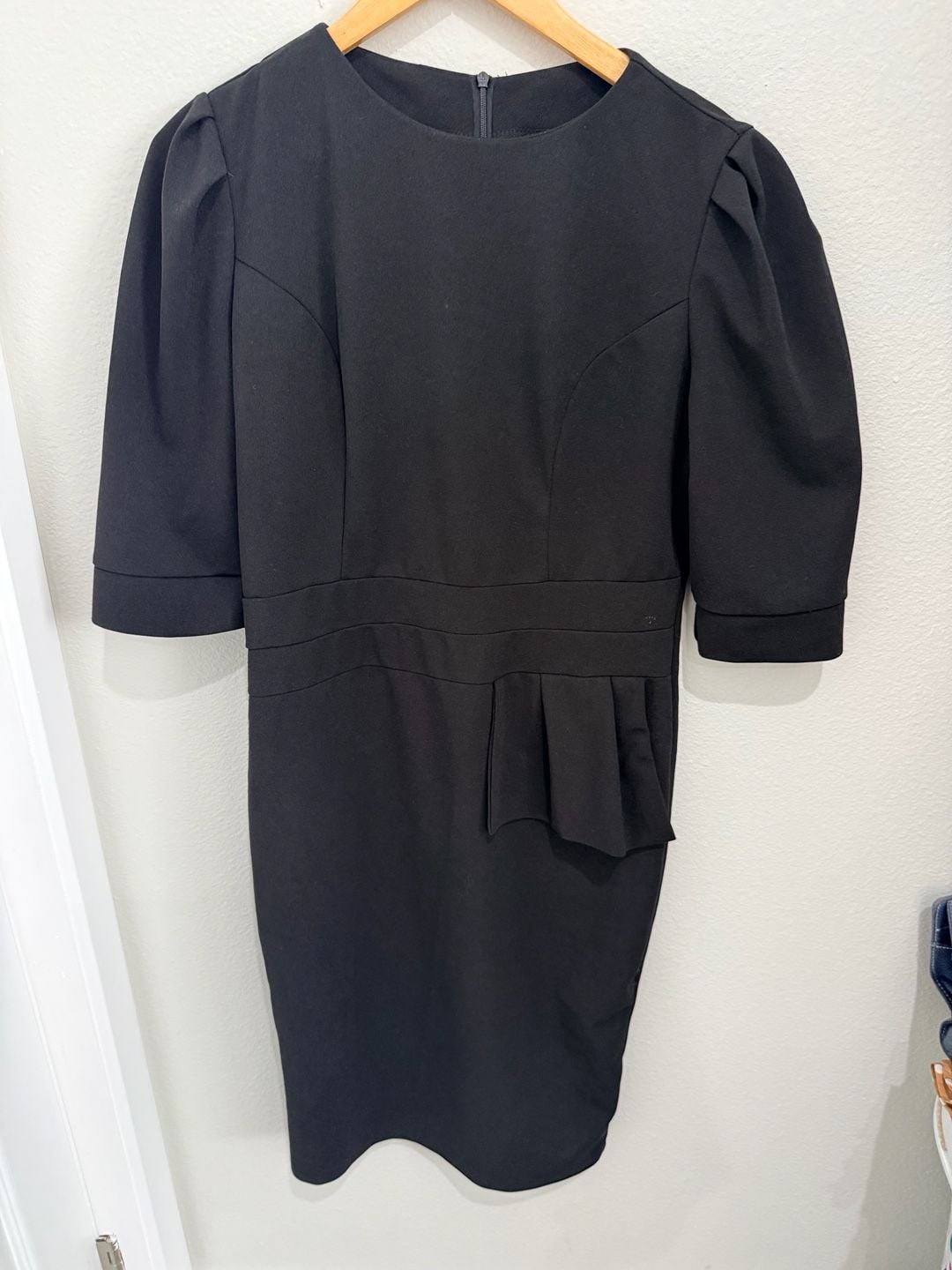 Qianzhiou Black Peplum Sheath Dress Size L Puff Sleeve Midi Dress 2