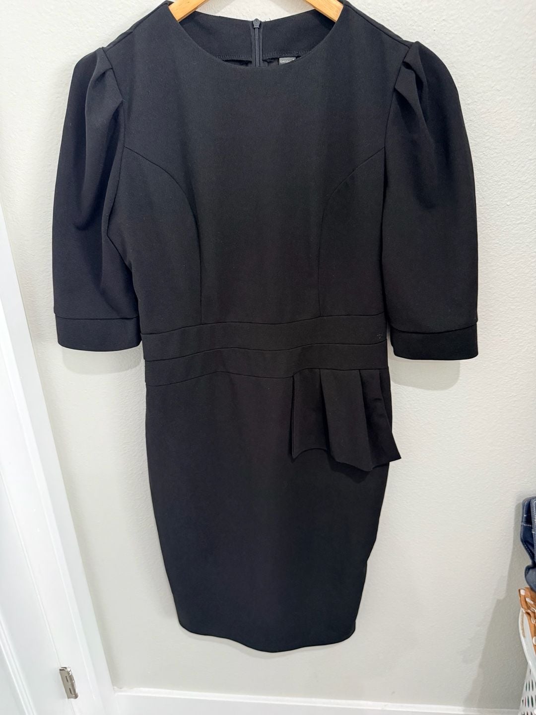 Qianzhiou Black Peplum Sheath Dress Size L Puff Sleeve Midi Dress 4