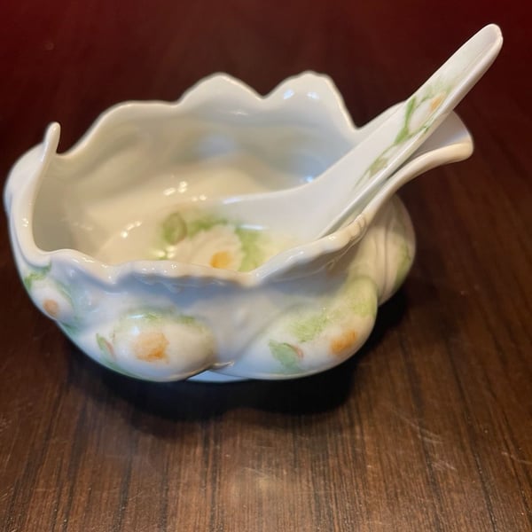 Vintage Hand Painted and Signed Porcelain Dish and Spoon Set Floral
