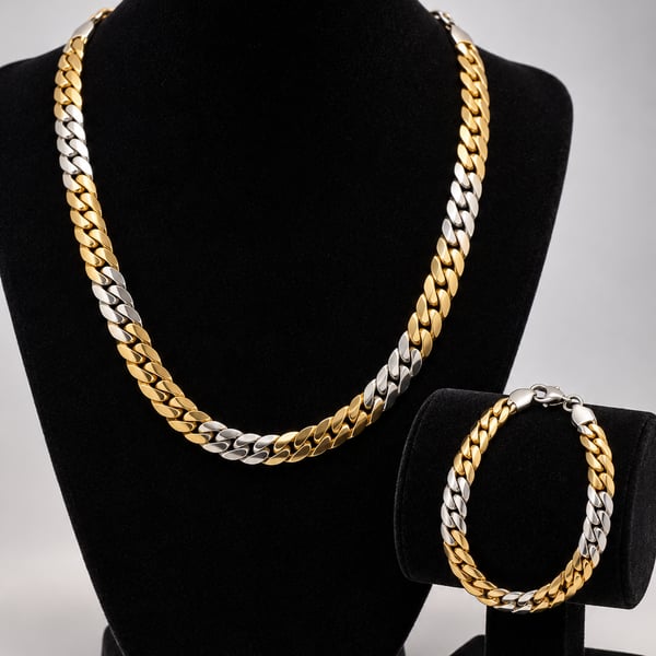 Two Tone Cuban Chain Necklace and Bracelet Set Gold Silver