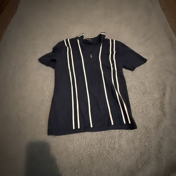 Perry Ellis Striped Quarter Zip Knit Polo Shirt Navy Blue