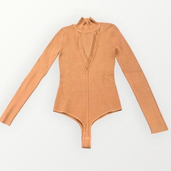 Cushnie Ribbed Bodysuit Brown Long Sleeve V-Neck