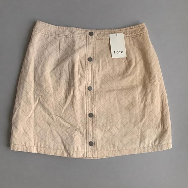 Fate Quilted Mini Skirt Size L Beige Cotton Button Front