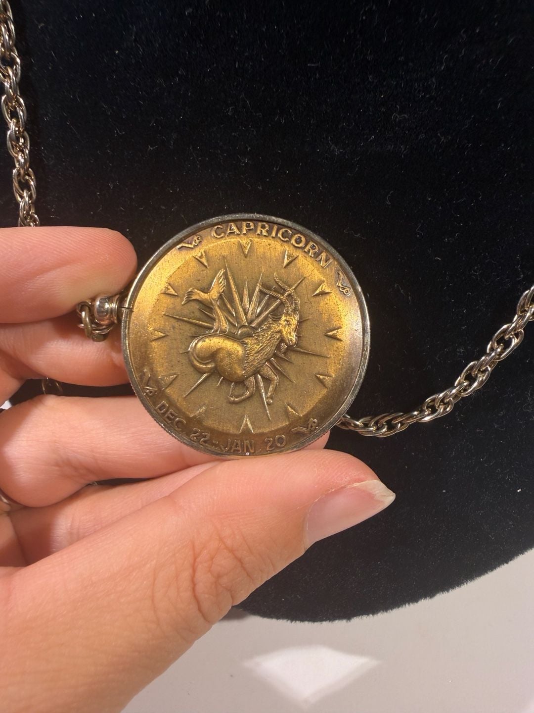 Vintage Capricorn Zodiac Pendant Necklace Brass Coin Charm 24" Chain 2