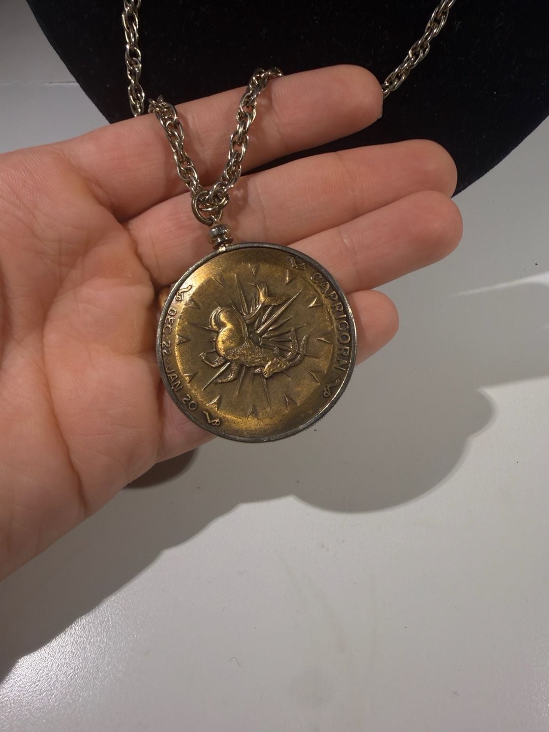Vintage Capricorn Zodiac Pendant Necklace Brass Coin Charm 24" Chain 5