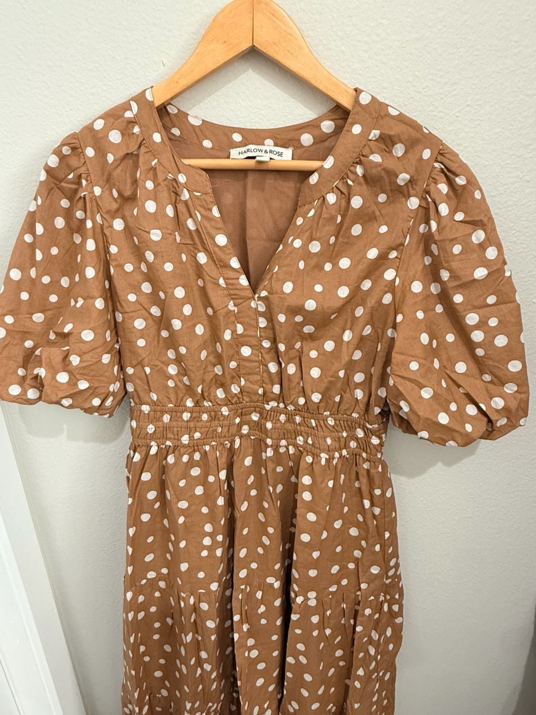 Harlow & Rose Polka Dot Midi Dress Size M Brown Puff Sleeve V-Neck Tiered Skirt 4