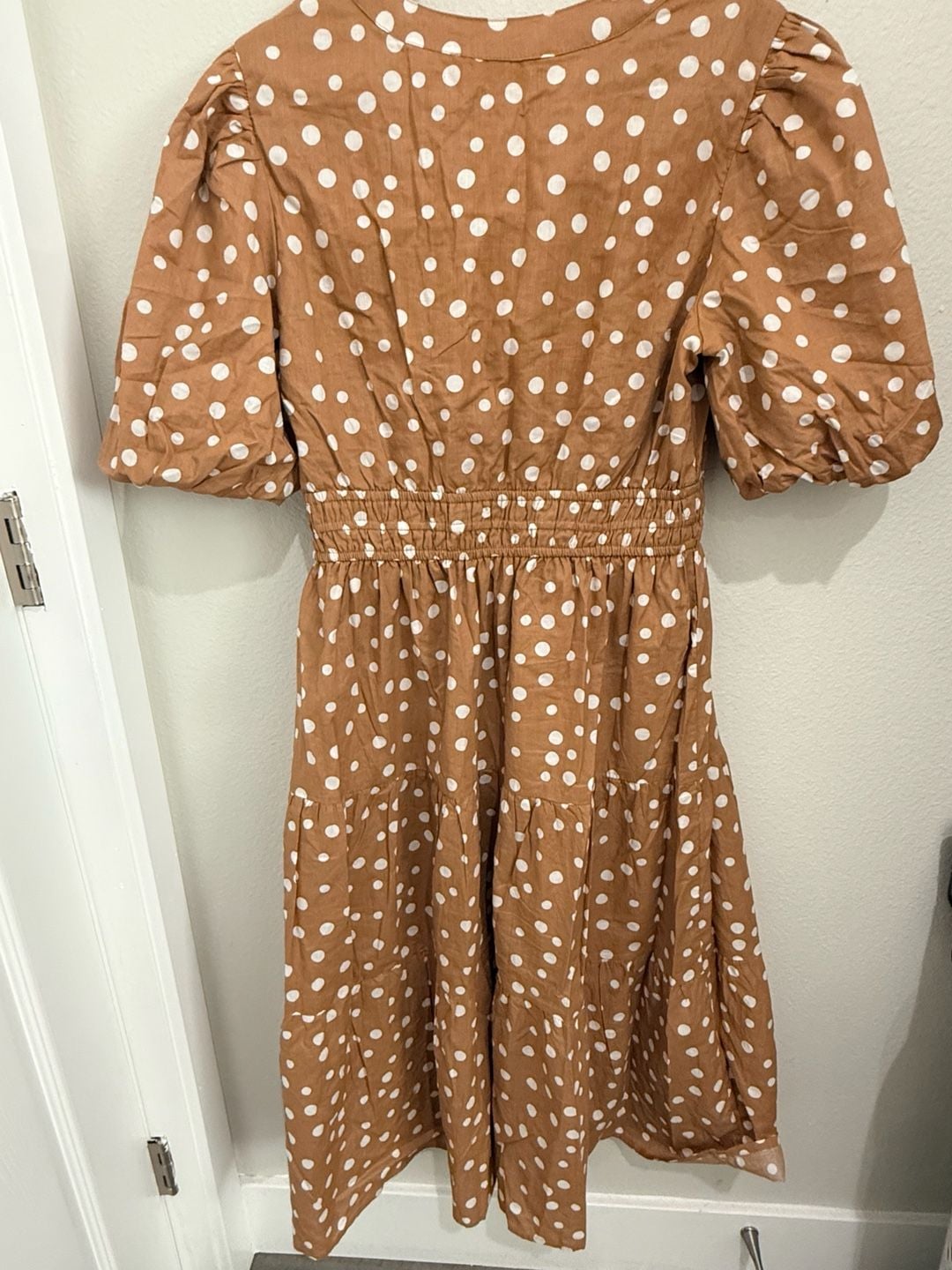 Harlow & Rose Polka Dot Midi Dress Size M Brown Puff Sleeve V-Neck Tiered Skirt 5