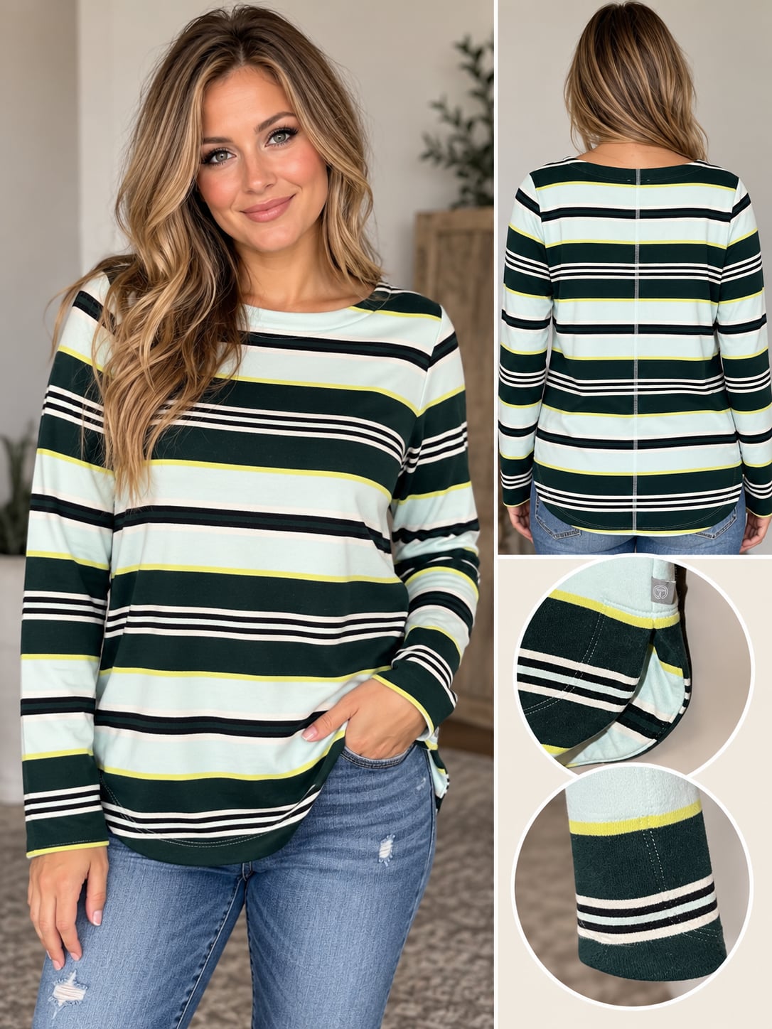 T by Talbots French Terry Pullover Size L Stripe Long Sleeve Top 2