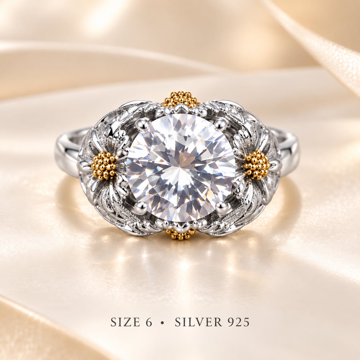 Sunflower Ring Size 6 Silver 925 Two-Tone Floral Solitaire 2