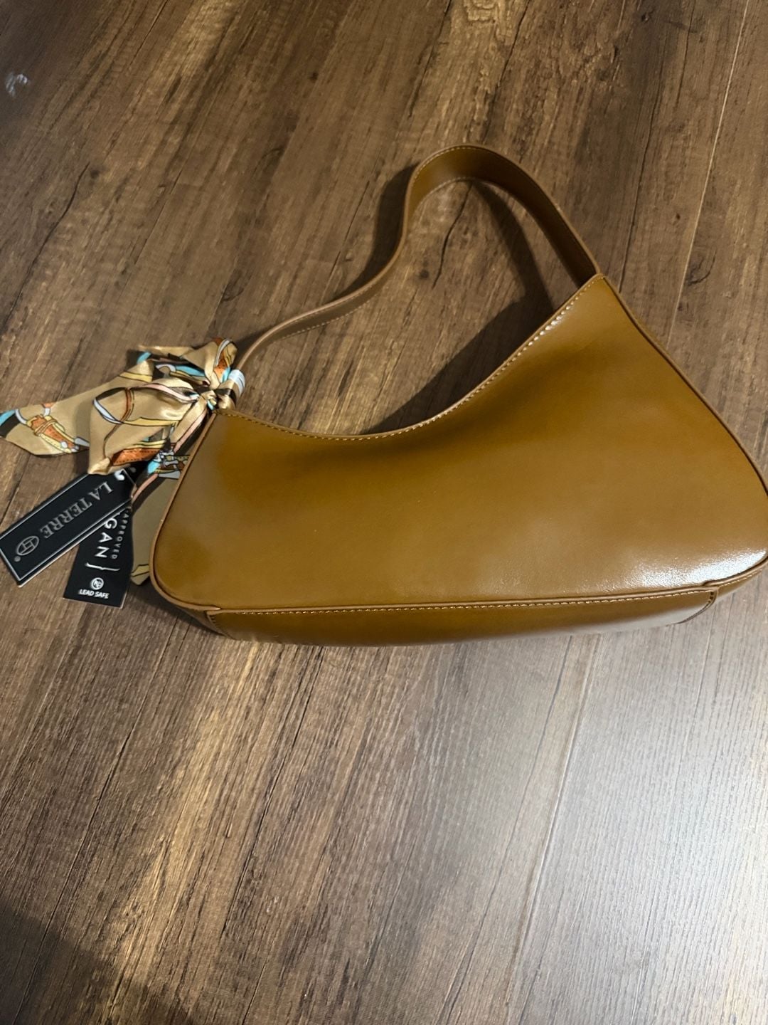 La Terre Brown Vegan Leather Shoulder Bag with Scarf Accent N2455 2