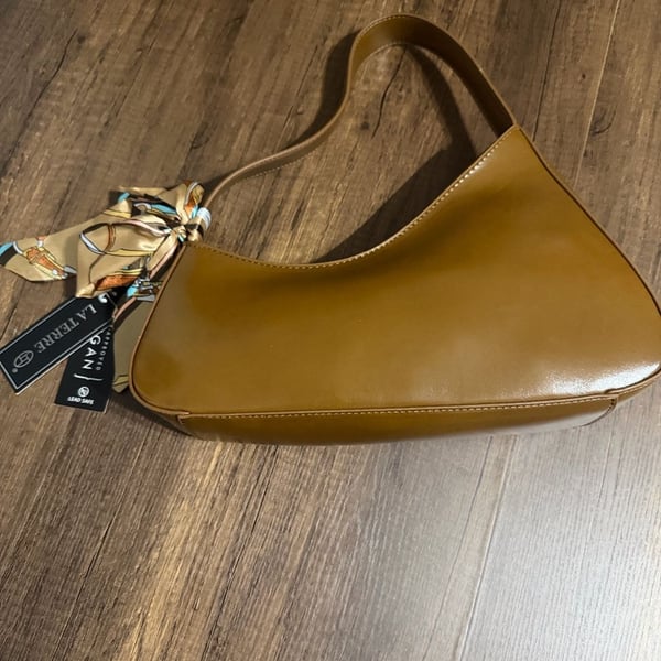 La Terre Brown Vegan Leather Shoulder Bag with Scarf Accent N2455