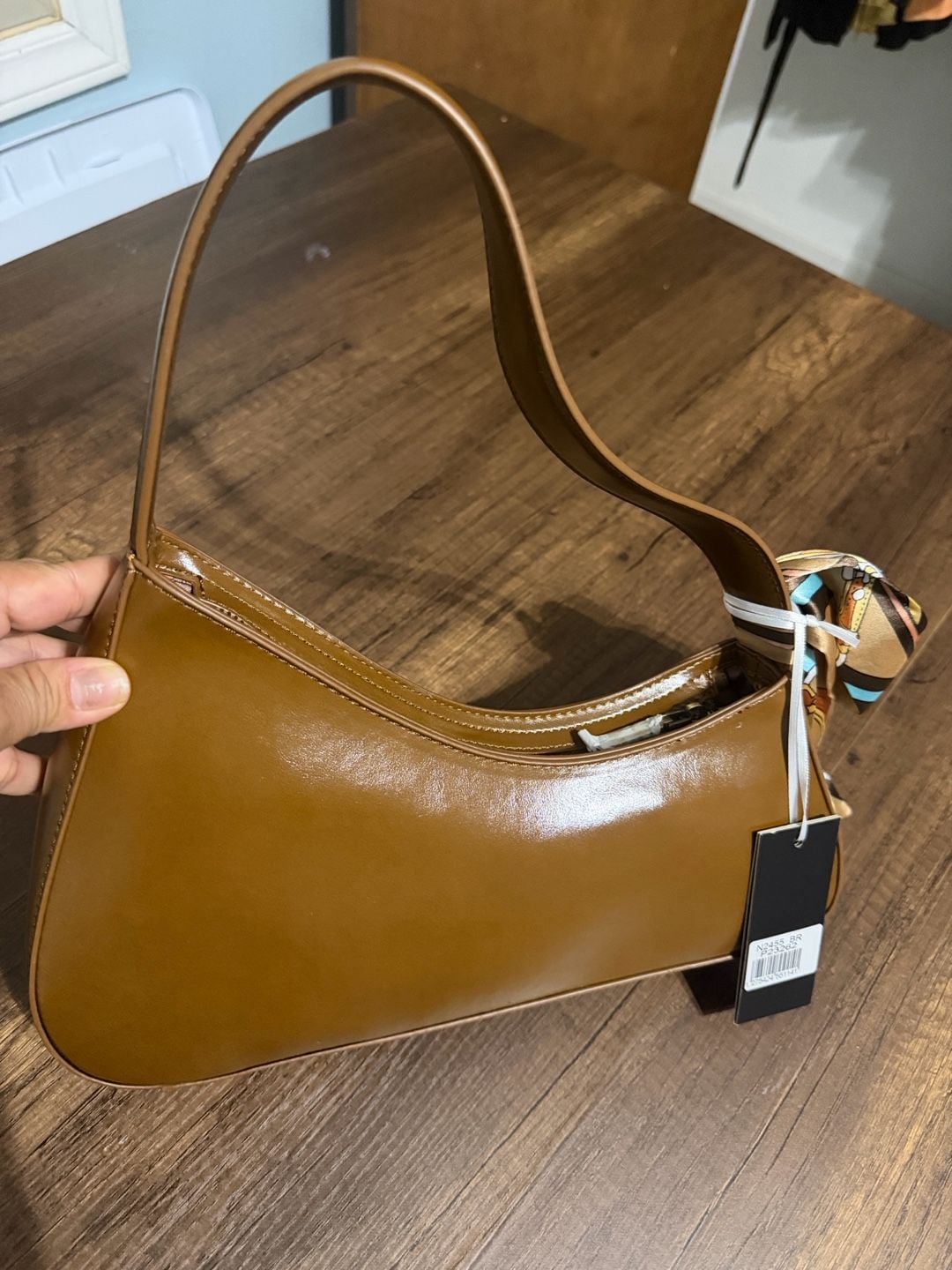 La Terre Brown Vegan Leather Shoulder Bag with Scarf Accent N2455 4