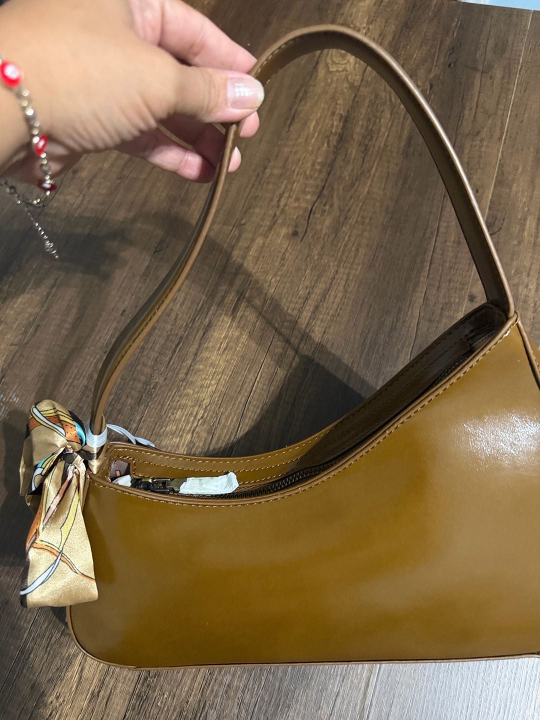 La Terre Brown Vegan Leather Shoulder Bag with Scarf Accent N2455 10