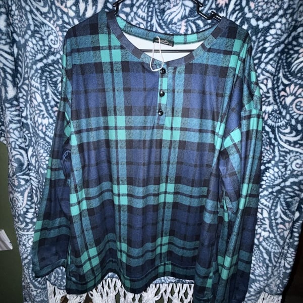 Deefan Plaid Flannel Shirt Size XXL Blue Green Tartan Long Sleeve Henley