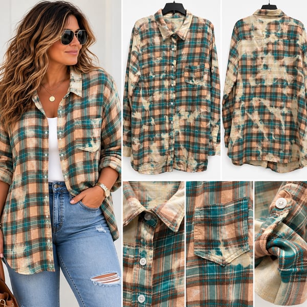 The Nu Vintage Flannel Top Size 4XL Plaid Bleach Washed Button Up Shirt