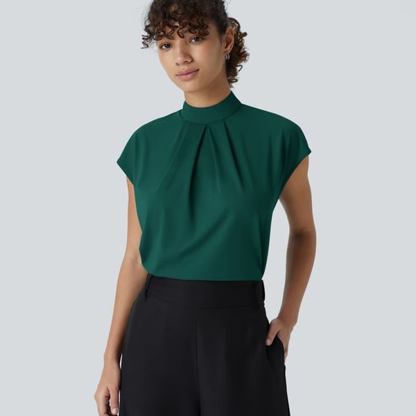 Halara Stand Collar Button Back Cap Sleeve Work Blouse Size M Green