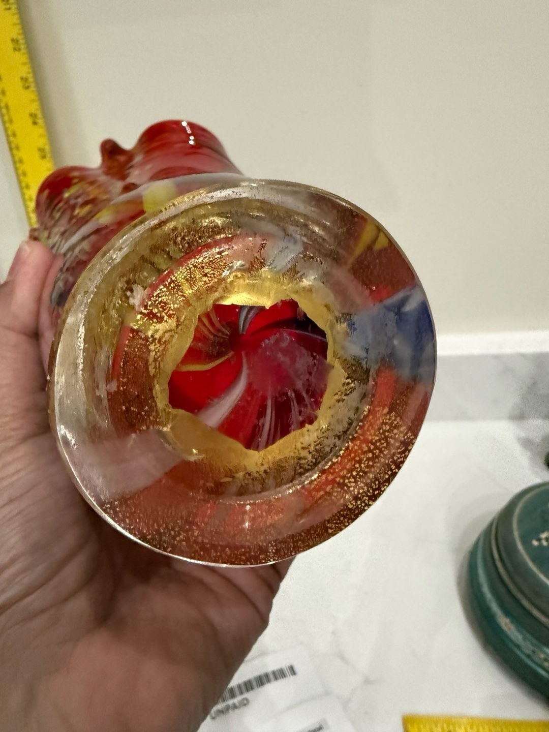 Vintage Murano Red Glass Millefiori Vase with Gold Gilt Base 11