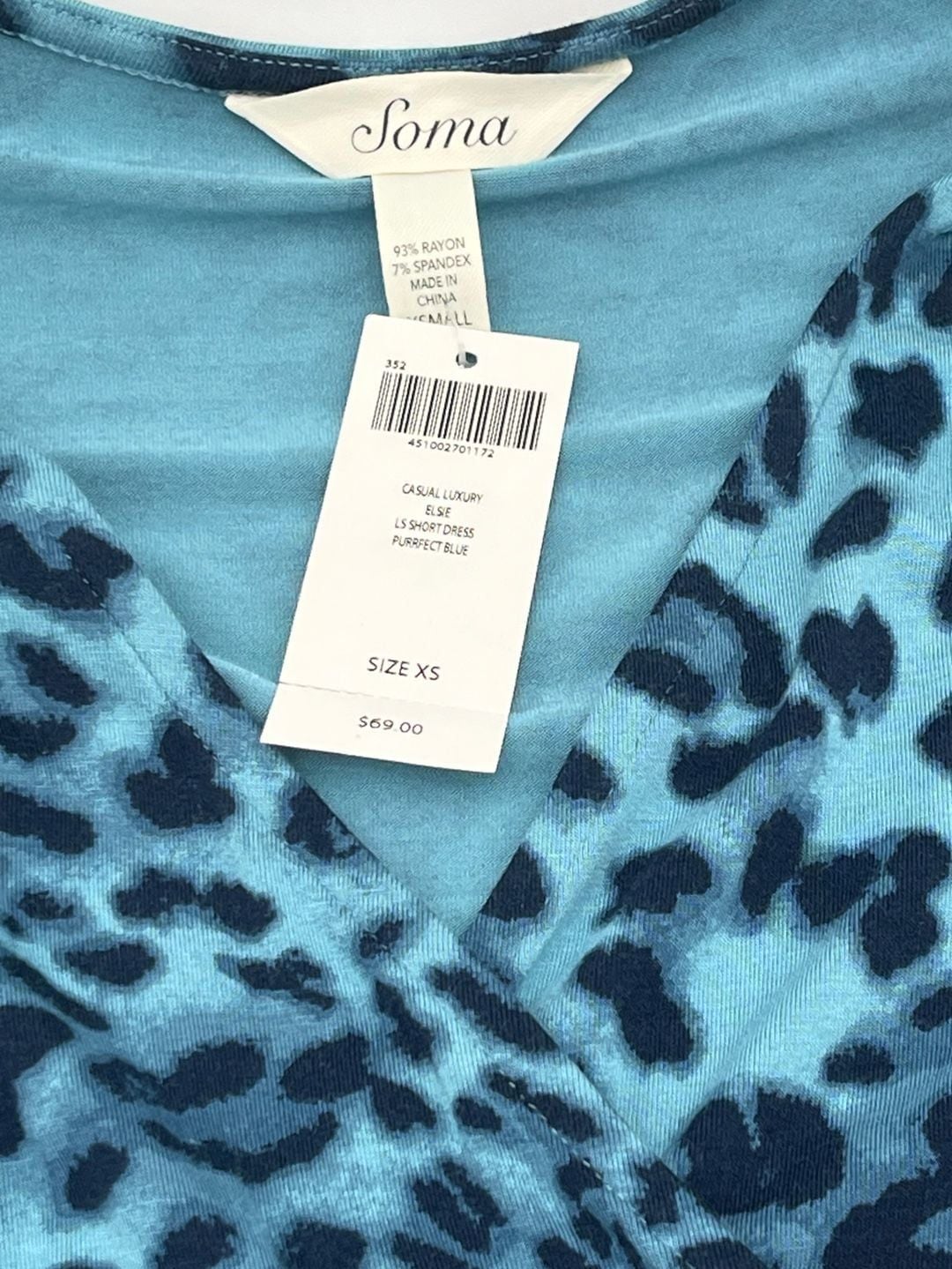 Soma Casual Luxury Else LS Short Dress Purrfect Blue Leopard Print XS 6