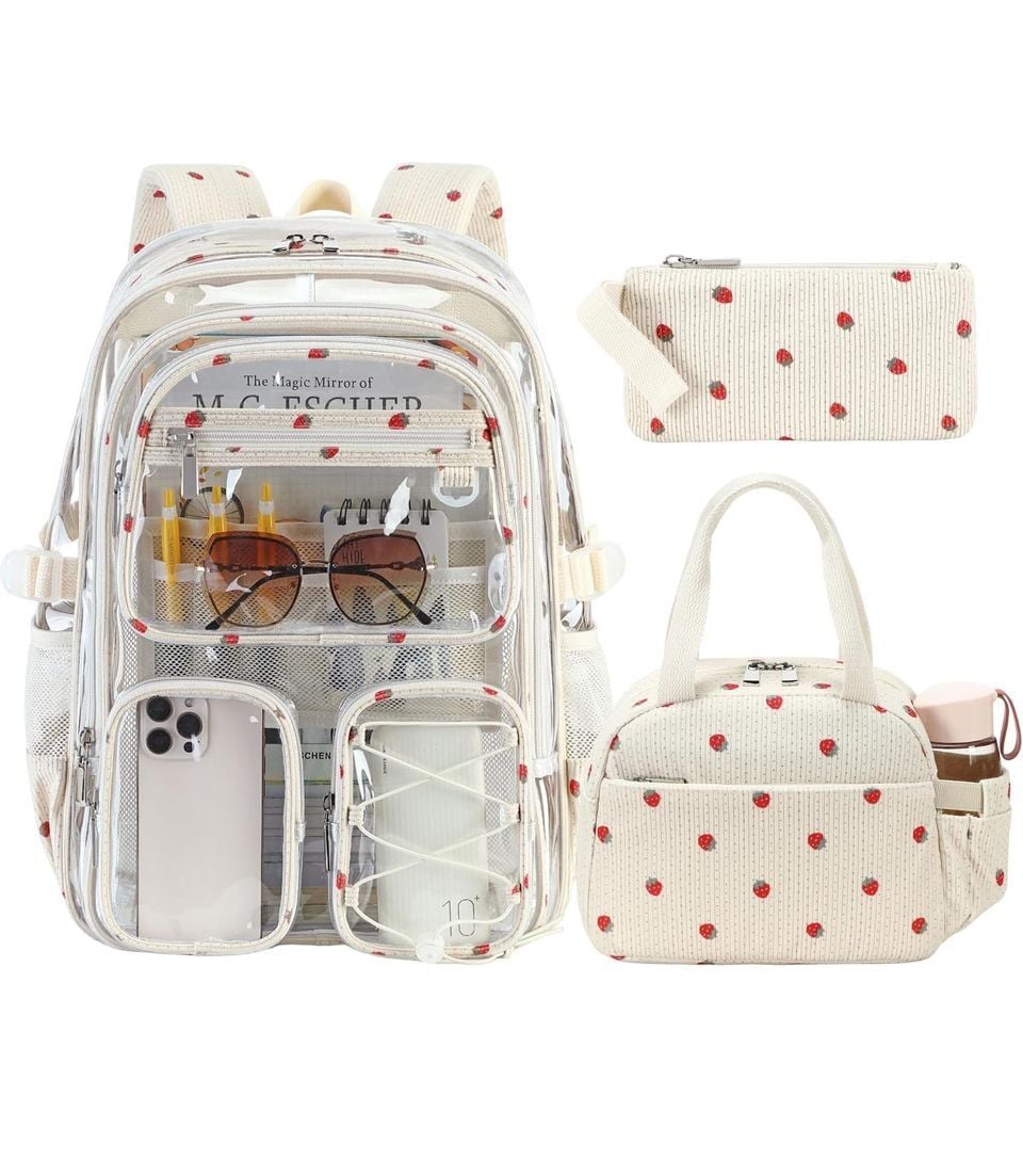 Hidds Clear Backpack Set with Lunch Bag and Pencil Case Beige Strawberry Large 1