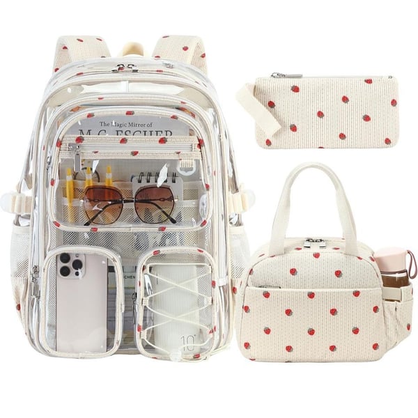Hidds Clear Backpack Set with Lunch Bag and Pencil Case Beige Strawberry Large
