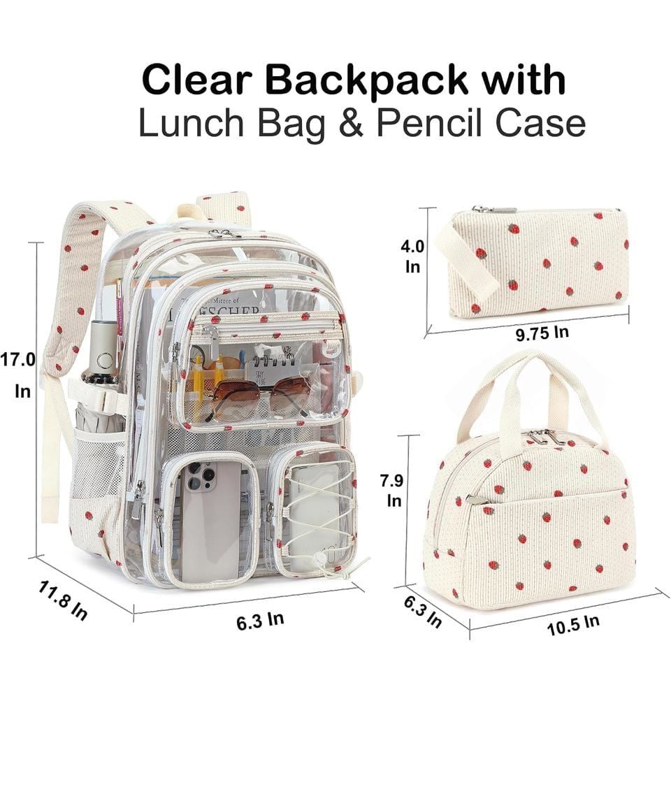 Hidds Clear Backpack Set with Lunch Bag and Pencil Case Beige Strawberry Large 3