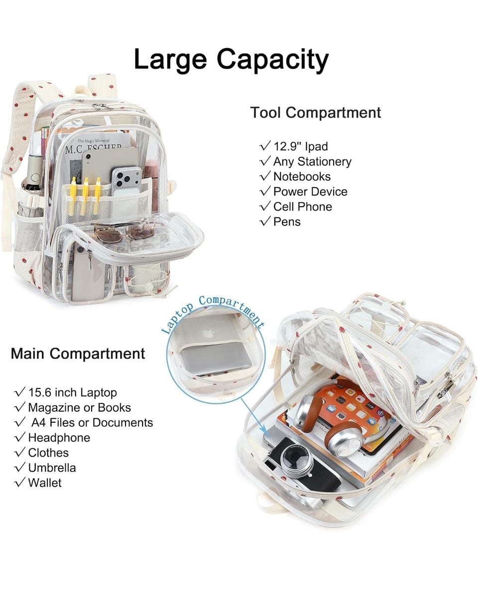 Hidds Clear Backpack Set with Lunch Bag and Pencil Case Beige Strawberry Large 4