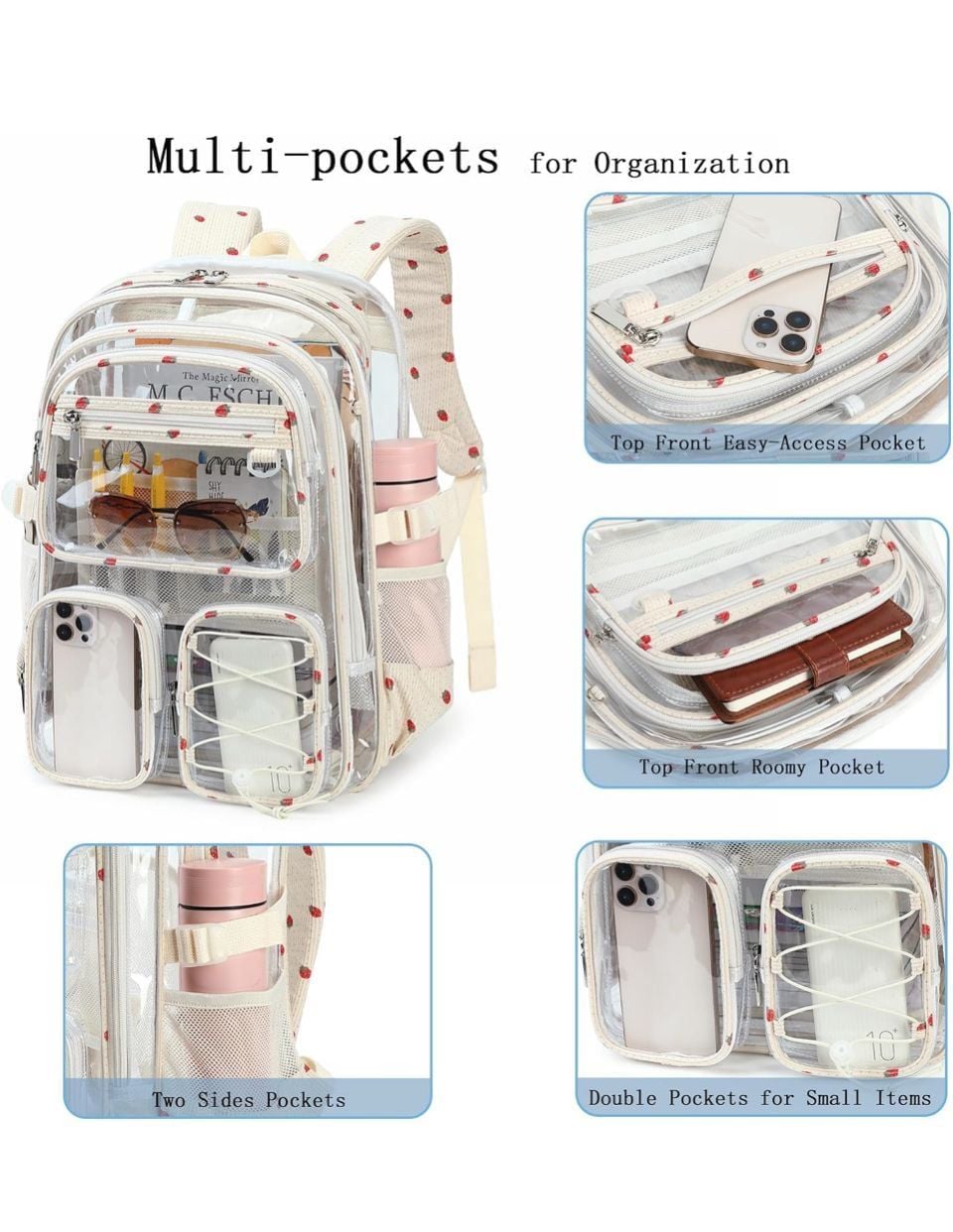 Hidds Clear Backpack Set with Lunch Bag and Pencil Case Beige Strawberry Large 5