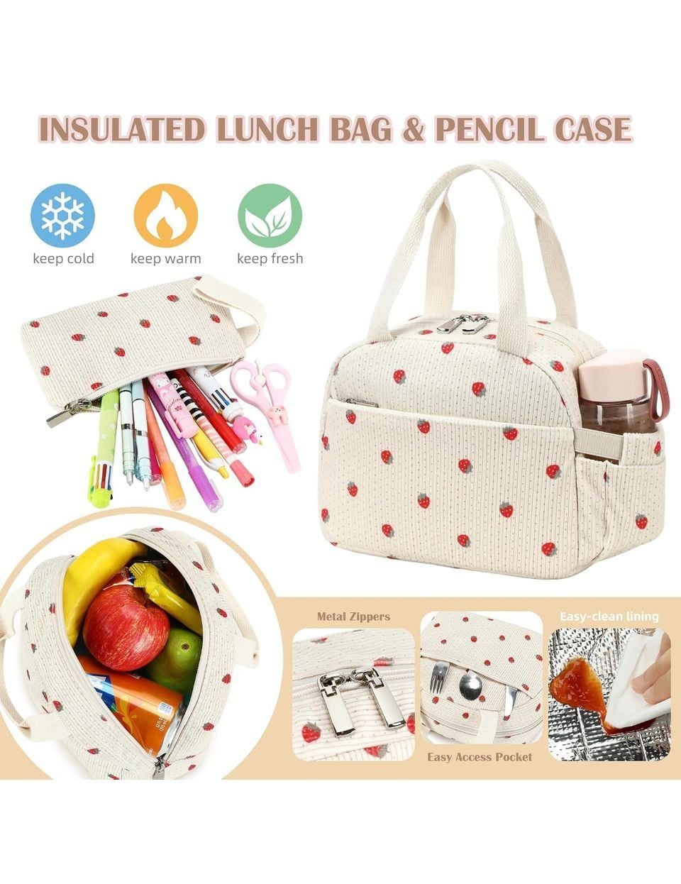Hidds Clear Backpack Set with Lunch Bag and Pencil Case Beige Strawberry Large 6