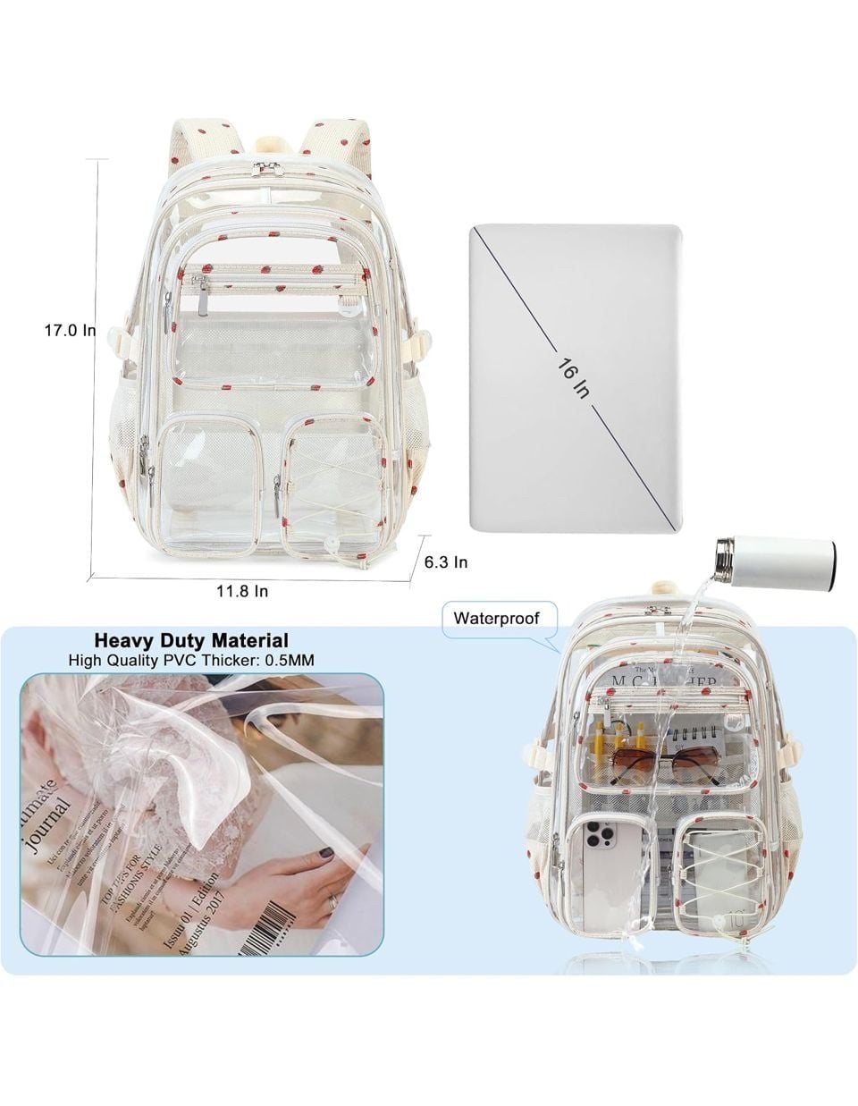 Hidds Clear Backpack Set with Lunch Bag and Pencil Case Beige Strawberry Large 8