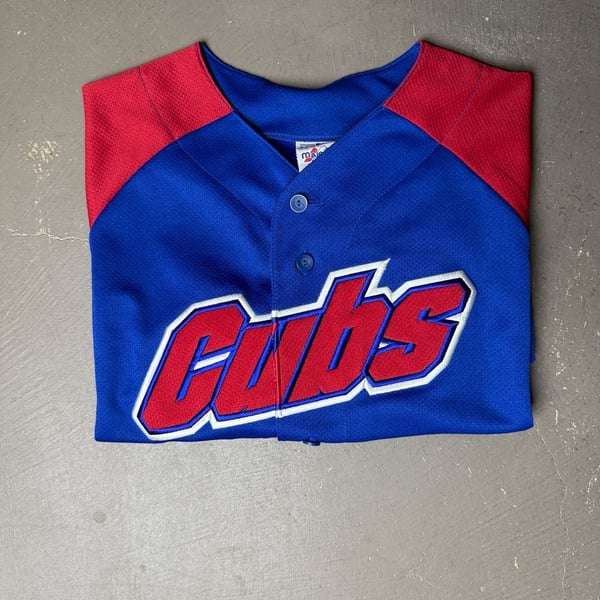 Majestic Chicago Cubs Baseball Jersey Size XL Blue Red Raglan Button Front