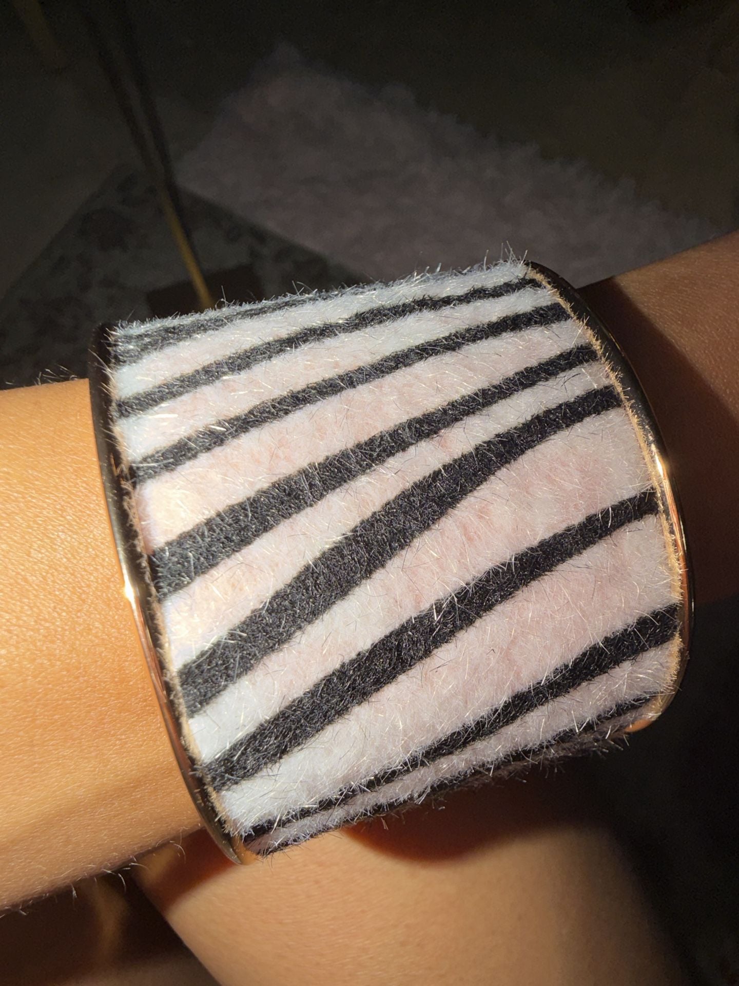 Zebra Print Faux Fur Cuff Bracelet Gold Tone Open Wide Statement Jewelry 5